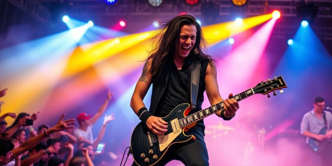 A dynamic rock concert scene featuring a charismatic male musician with long dark hair, passionately playing an electric guitar on stage, surrounded by colorful stage lights and an enthusiastic crowd, conveying energy and excitement.