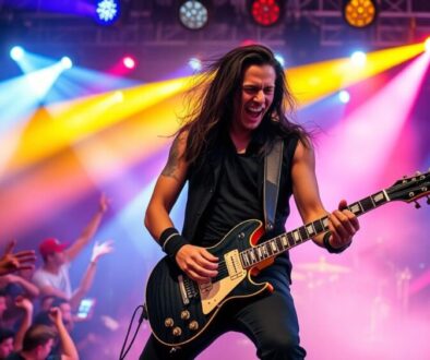 A dynamic rock concert scene featuring a charismatic male musician with long dark hair, passionately playing an electric guitar on stage, surrounded by colorful stage lights and an enthusiastic crowd, conveying energy and excitement.