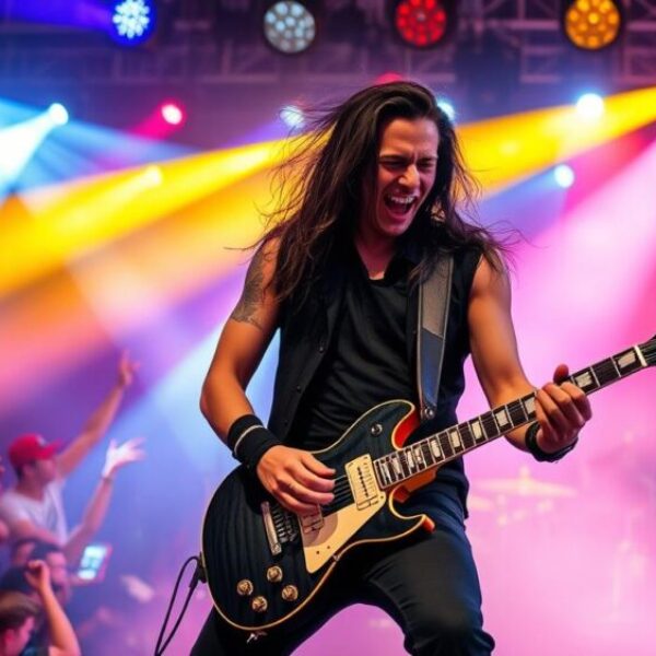 A dynamic rock concert scene featuring a charismatic male musician with long dark hair, passionately playing an electric guitar on stage, surrounded by colorful stage lights and an enthusiastic crowd, conveying energy and excitement.