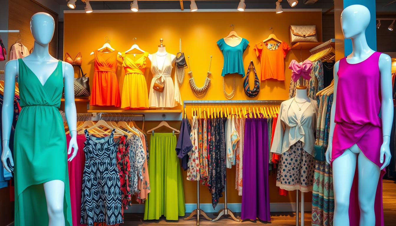 A vibrant boutique display featuring a variety of stylish women's clothing, including colorful dresses, chic tops, and trendy accessories, arranged beautifully on mannequins and hangers, with soft lighting that highlights the textures and patterns of the fabrics, in a modern retail setting.