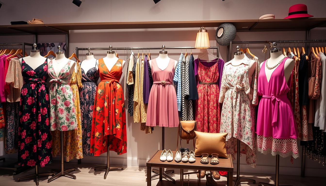 A stylish boutique display featuring a selection of trendy women's clothing, showcasing vibrant dresses, chic tops, and fashionable accessories, arranged elegantly on mannequins and hangers, with soft lighting highlighting the textures and colors of the fabrics, creating an inviting and empowering atmosphere.