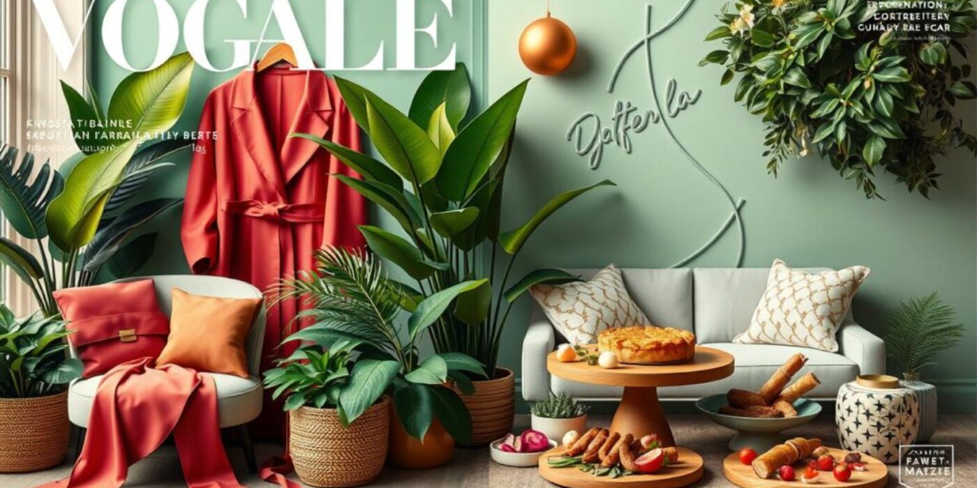 A stylish magazine cover featuring a vibrant and inviting assortment of lifestyle elements, including elegant fashion items, lush greenery, a cozy interior scene, and gourmet food arrangement, all harmoniously blended in a modern aesthetic, with soft lighting and an artistic composition.