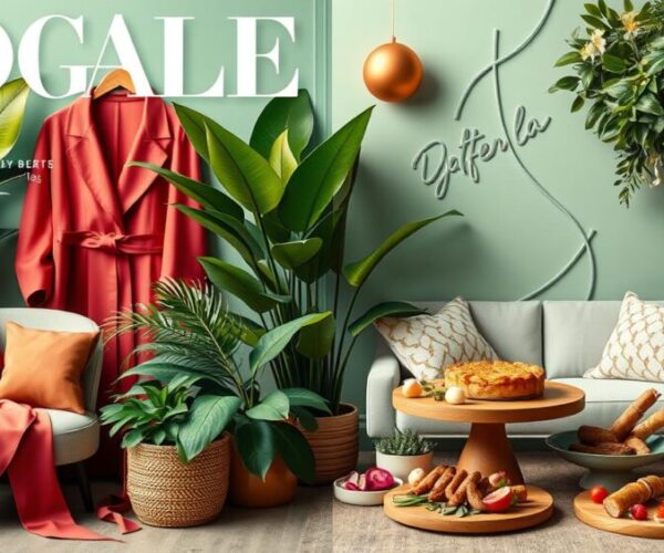 A stylish magazine cover featuring a vibrant and inviting assortment of lifestyle elements, including elegant fashion items, lush greenery, a cozy interior scene, and gourmet food arrangement, all harmoniously blended in a modern aesthetic, with soft lighting and an artistic composition.