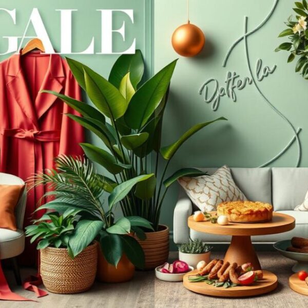 A stylish magazine cover featuring a vibrant and inviting assortment of lifestyle elements, including elegant fashion items, lush greenery, a cozy interior scene, and gourmet food arrangement, all harmoniously blended in a modern aesthetic, with soft lighting and an artistic composition.