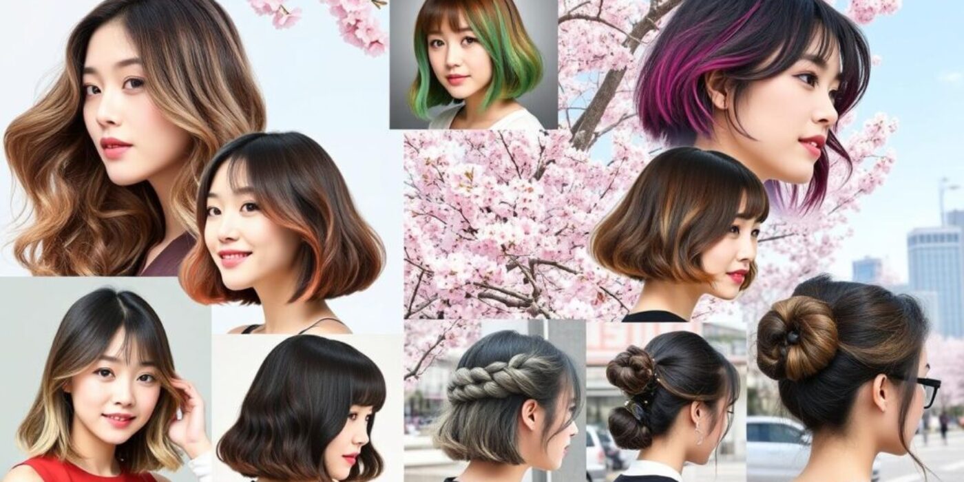 A vibrant collage of trendy Korean hairstyles, showcasing diverse looks including soft waves, sleek bob cuts, colorful highlights, playful bangs, and intricate updos, set against a backdrop of urban Seoul with cherry blossoms in bloom.