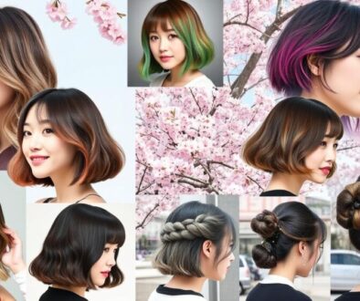 A vibrant collage of trendy Korean hairstyles, showcasing diverse looks including soft waves, sleek bob cuts, colorful highlights, playful bangs, and intricate updos, set against a backdrop of urban Seoul with cherry blossoms in bloom.