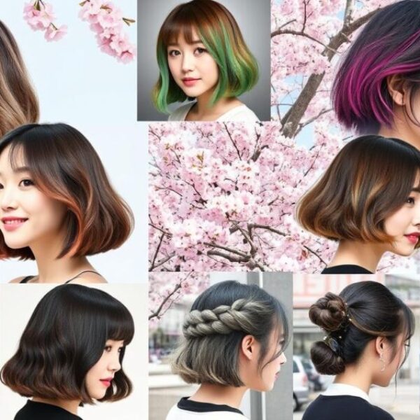 A vibrant collage of trendy Korean hairstyles, showcasing diverse looks including soft waves, sleek bob cuts, colorful highlights, playful bangs, and intricate updos, set against a backdrop of urban Seoul with cherry blossoms in bloom.