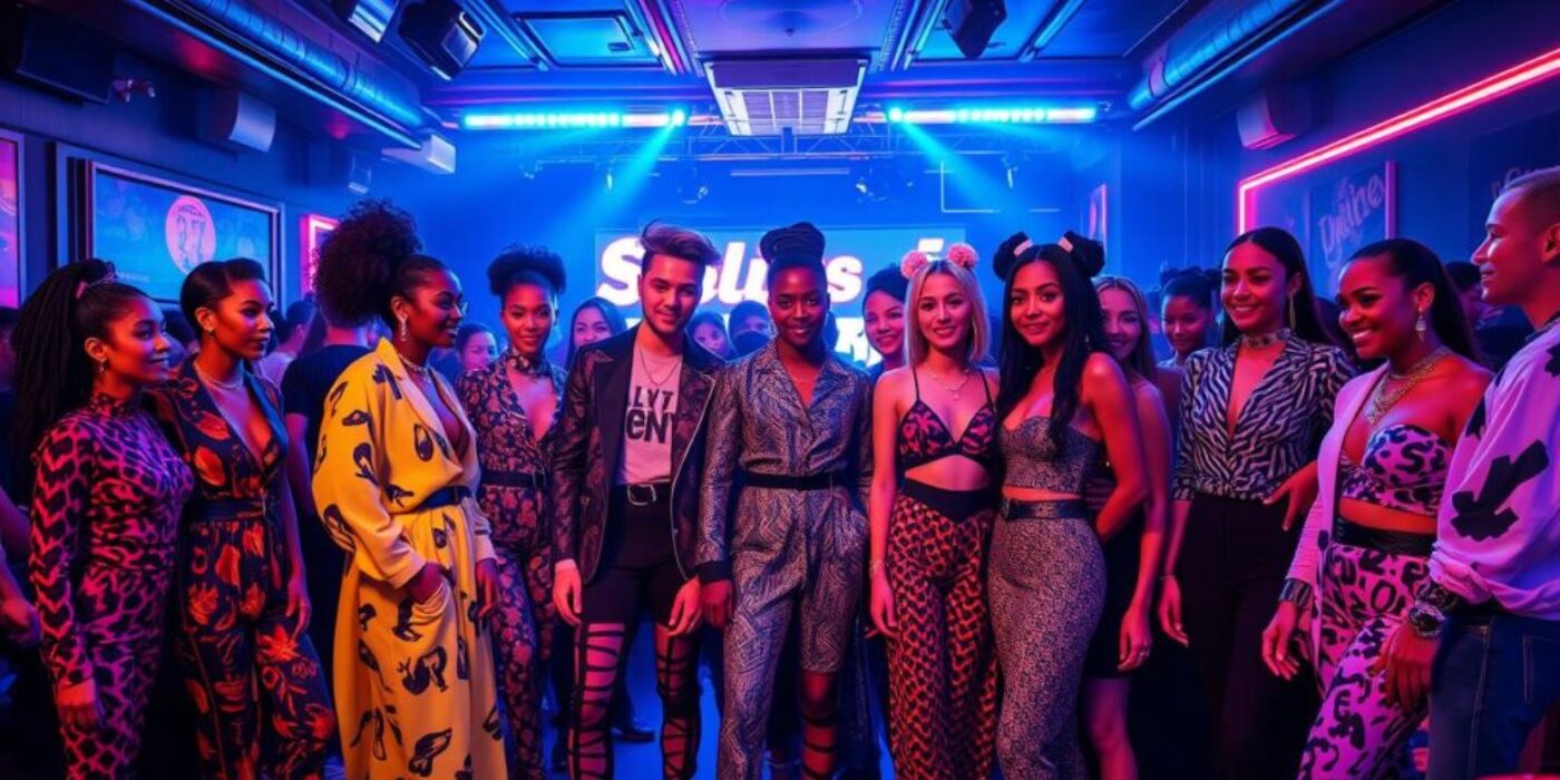 A vibrant scene showcasing a diverse group of fashion designers in an upscale nightclub, featuring bold and eclectic outfits with striking patterns and textures, a mix of avant-garde styles and streetwear influences, illuminated by colorful neon lights, with sleek silhouettes and dramatic accessories, surrounded by an energetic atmosphere filled with laughter and creativity.