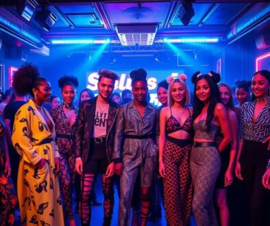 A vibrant scene showcasing a diverse group of fashion designers in an upscale nightclub, featuring bold and eclectic outfits with striking patterns and textures, a mix of avant-garde styles and streetwear influences, illuminated by colorful neon lights, with sleek silhouettes and dramatic accessories, surrounded by an energetic atmosphere filled with laughter and creativity.