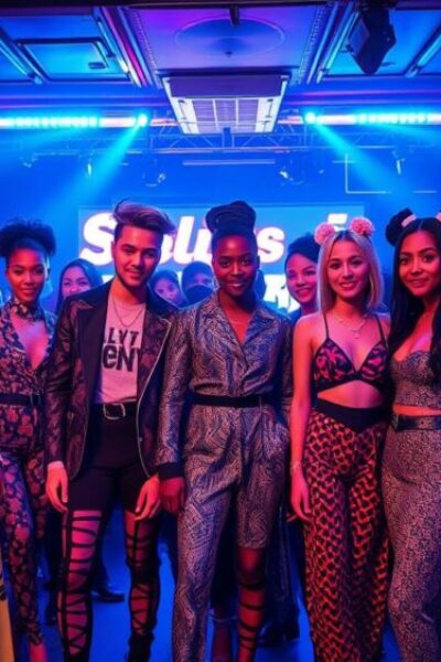 A vibrant scene showcasing a diverse group of fashion designers in an upscale nightclub, featuring bold and eclectic outfits with striking patterns and textures, a mix of avant-garde styles and streetwear influences, illuminated by colorful neon lights, with sleek silhouettes and dramatic accessories, surrounded by an energetic atmosphere filled with laughter and creativity.