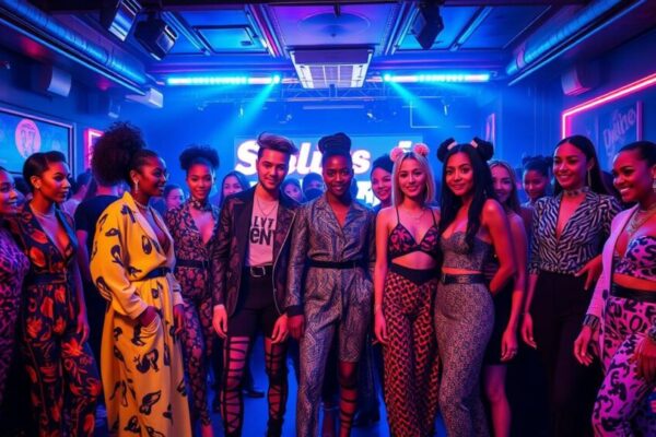 A vibrant scene showcasing a diverse group of fashion designers in an upscale nightclub, featuring bold and eclectic outfits with striking patterns and textures, a mix of avant-garde styles and streetwear influences, illuminated by colorful neon lights, with sleek silhouettes and dramatic accessories, surrounded by an energetic atmosphere filled with laughter and creativity.