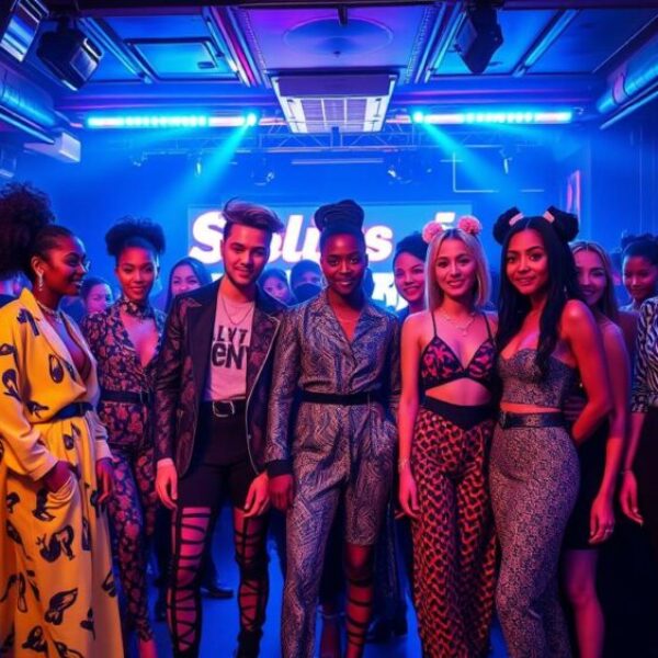 A vibrant scene showcasing a diverse group of fashion designers in an upscale nightclub, featuring bold and eclectic outfits with striking patterns and textures, a mix of avant-garde styles and streetwear influences, illuminated by colorful neon lights, with sleek silhouettes and dramatic accessories, surrounded by an energetic atmosphere filled with laughter and creativity.