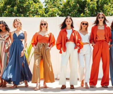 "Fashionable oversized silhouettes in a bright summer setting, showcasing flowing dresses and relaxed-fit tops, layered oversized jackets, and baggy trousers, vibrant colors and lightweight fabrics, displayed against a sunny backdrop with lush greenery."