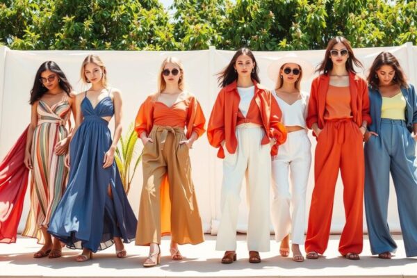 "Fashionable oversized silhouettes in a bright summer setting, showcasing flowing dresses and relaxed-fit tops, layered oversized jackets, and baggy trousers, vibrant colors and lightweight fabrics, displayed against a sunny backdrop with lush greenery."