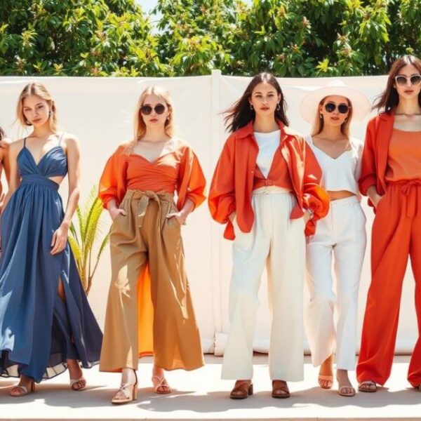 "Fashionable oversized silhouettes in a bright summer setting, showcasing flowing dresses and relaxed-fit tops, layered oversized jackets, and baggy trousers, vibrant colors and lightweight fabrics, displayed against a sunny backdrop with lush greenery."