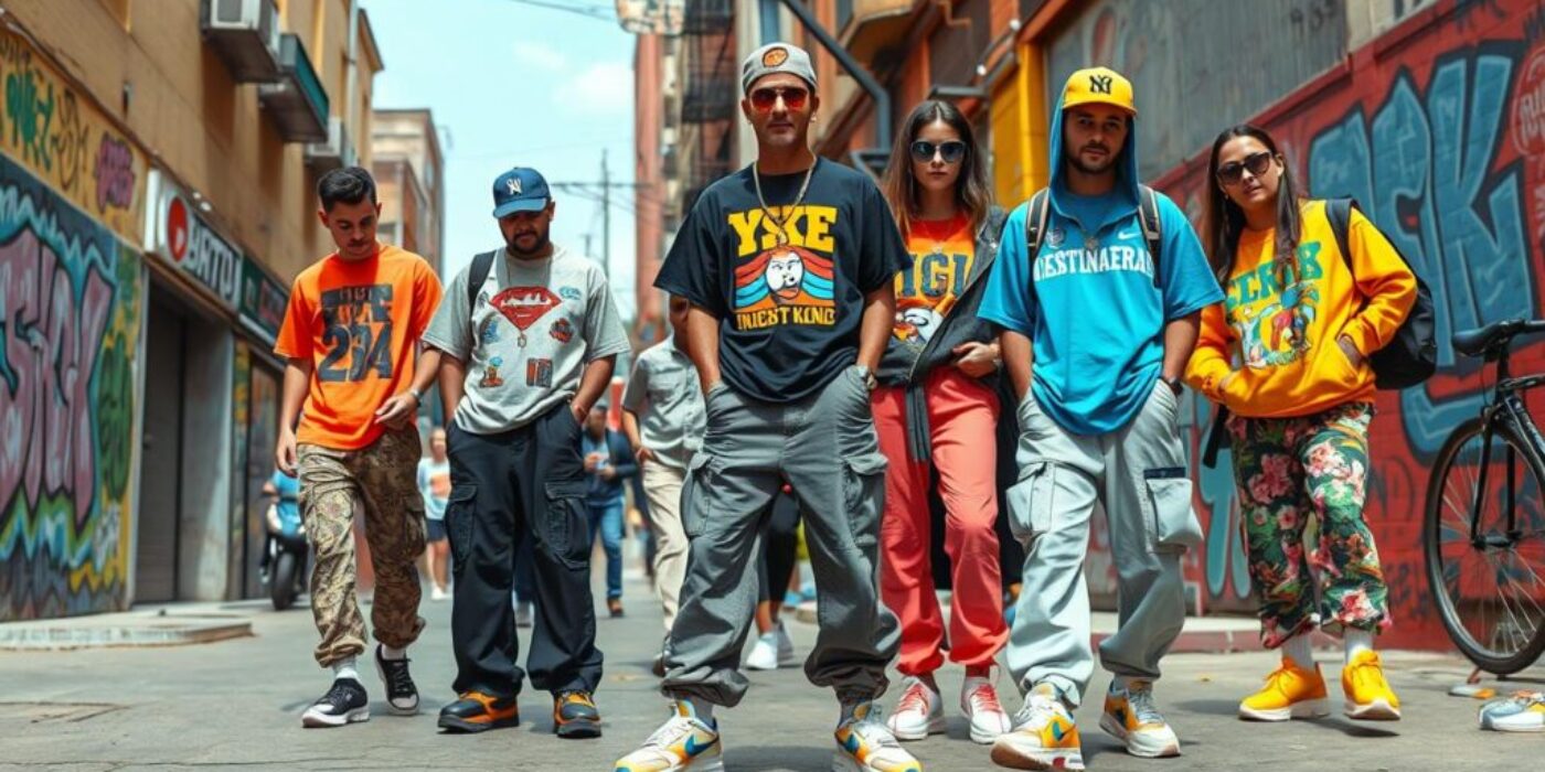 A vibrant street scene showcasing Y3k fashion, featuring oversized graphic tees, baggy cargo pants, chunky sneakers, and retro accessories. Bright colors and bold patterns dominate the clothing, with a mix of vintage and futuristic elements. The background includes urban architecture, graffiti art, and a lively atmosphere that embodies the essence of early 2000s style.