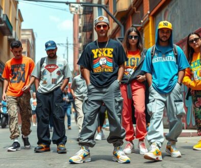 A vibrant street scene showcasing Y3k fashion, featuring oversized graphic tees, baggy cargo pants, chunky sneakers, and retro accessories. Bright colors and bold patterns dominate the clothing, with a mix of vintage and futuristic elements. The background includes urban architecture, graffiti art, and a lively atmosphere that embodies the essence of early 2000s style.