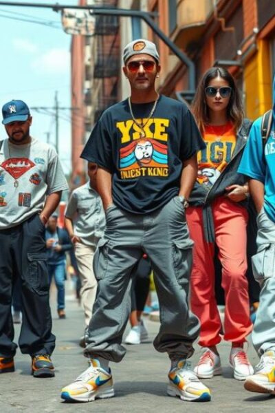 A vibrant street scene showcasing Y3k fashion, featuring oversized graphic tees, baggy cargo pants, chunky sneakers, and retro accessories. Bright colors and bold patterns dominate the clothing, with a mix of vintage and futuristic elements. The background includes urban architecture, graffiti art, and a lively atmosphere that embodies the essence of early 2000s style.