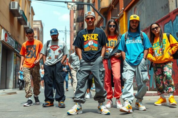 A vibrant street scene showcasing Y3k fashion, featuring oversized graphic tees, baggy cargo pants, chunky sneakers, and retro accessories. Bright colors and bold patterns dominate the clothing, with a mix of vintage and futuristic elements. The background includes urban architecture, graffiti art, and a lively atmosphere that embodies the essence of early 2000s style.