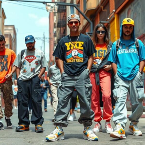 A vibrant street scene showcasing Y3k fashion, featuring oversized graphic tees, baggy cargo pants, chunky sneakers, and retro accessories. Bright colors and bold patterns dominate the clothing, with a mix of vintage and futuristic elements. The background includes urban architecture, graffiti art, and a lively atmosphere that embodies the essence of early 2000s style.