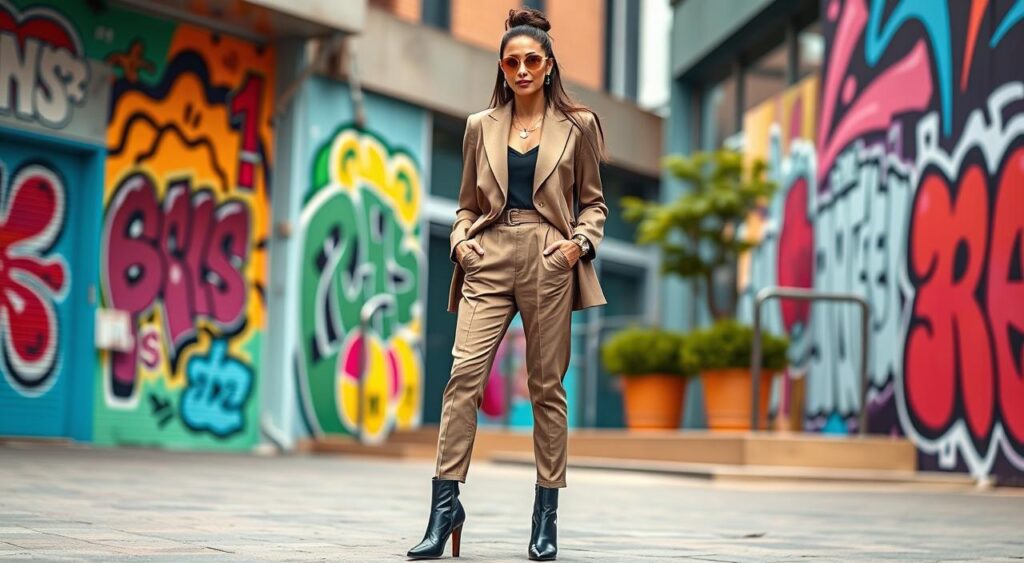 A stylish, chic fashion influencer standing confidently in a vibrant urban setting, wearing a trendy oversized blazer, sleek high-waisted trousers, and fashionable ankle boots, accessorized with bold statement jewelry; the background features colorful street art and modern architecture, capturing an energetic and dynamic vibe of contemporary fashion.