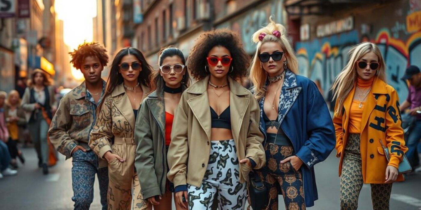 A vibrant street style scene featuring diverse trendsetting personalities, showcasing bold and innovative fashion choices such as oversized jackets, eclectic patterns, and striking accessories. The setting is an urban backdrop with colorful graffiti walls, bustling city life in the background, and a warm sunset casting a golden glow on the scene. Each individual expresses a unique sense of style, exuding confidence and charisma, with attention to detail in their outfits that reflect contemporary fashion trends.