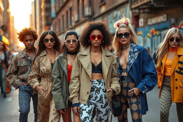 A vibrant street style scene featuring diverse trendsetting personalities, showcasing bold and innovative fashion choices such as oversized jackets, eclectic patterns, and striking accessories. The setting is an urban backdrop with colorful graffiti walls, bustling city life in the background, and a warm sunset casting a golden glow on the scene. Each individual expresses a unique sense of style, exuding confidence and charisma, with attention to detail in their outfits that reflect contemporary fashion trends.