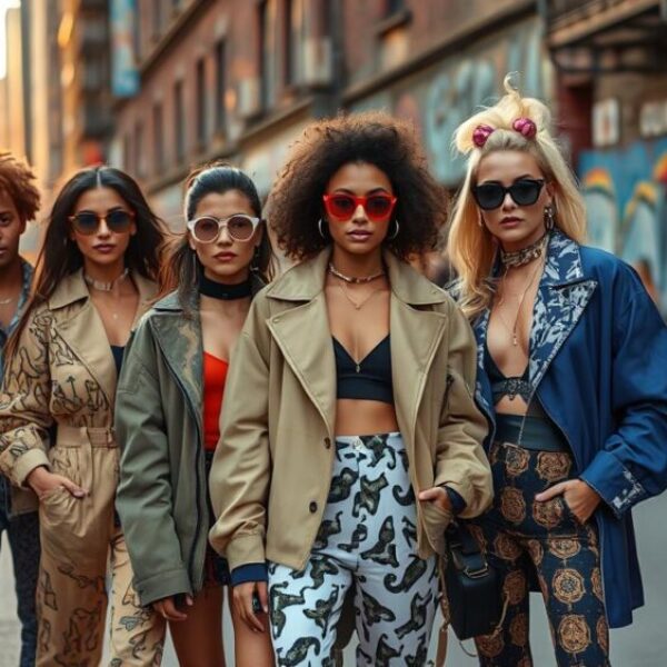 A vibrant street style scene featuring diverse trendsetting personalities, showcasing bold and innovative fashion choices such as oversized jackets, eclectic patterns, and striking accessories. The setting is an urban backdrop with colorful graffiti walls, bustling city life in the background, and a warm sunset casting a golden glow on the scene. Each individual expresses a unique sense of style, exuding confidence and charisma, with attention to detail in their outfits that reflect contemporary fashion trends.