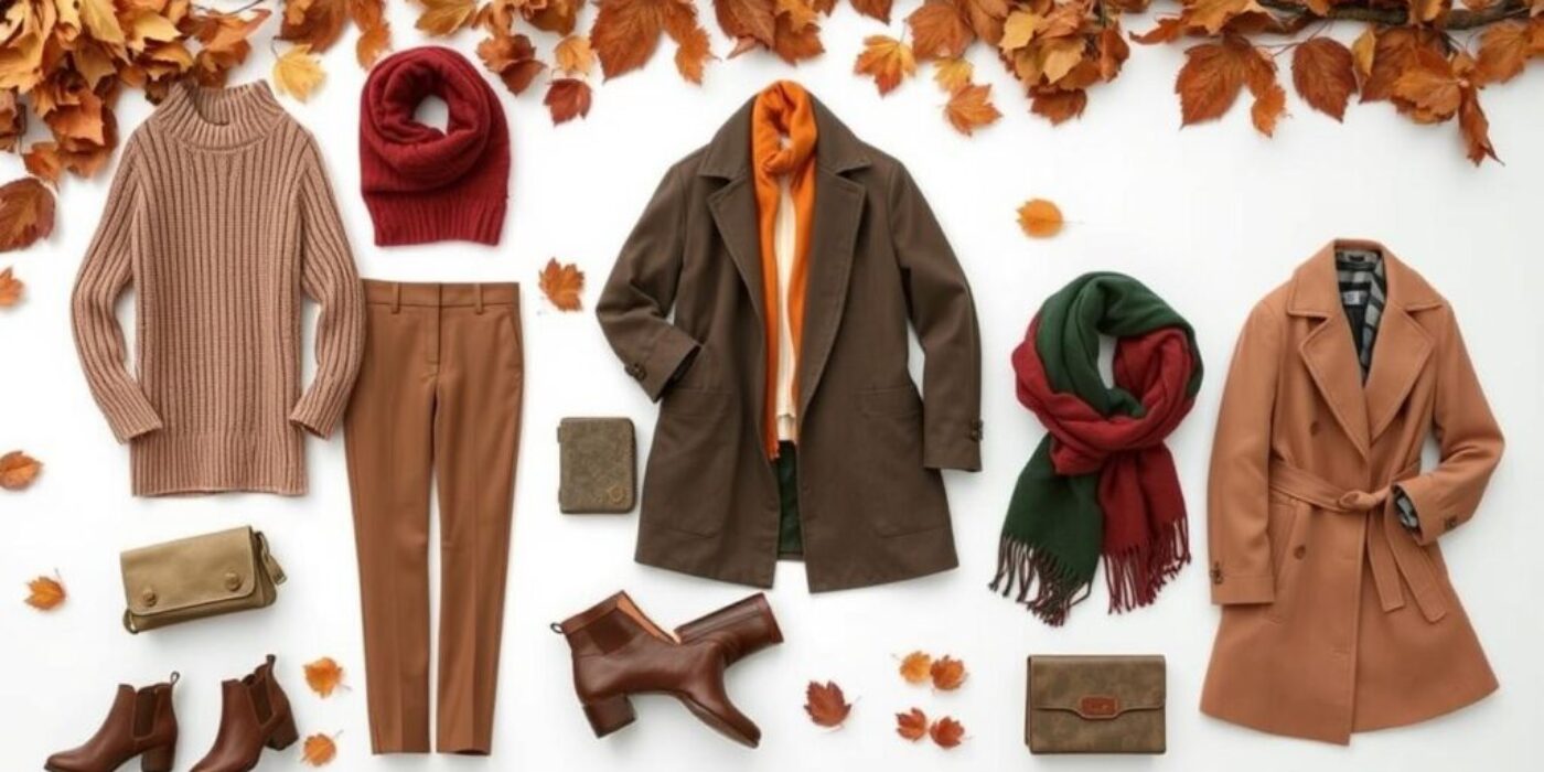 A stylish fall wardrobe layout featuring cozy knit sweaters, tailored trousers, classic trench coats, ankle boots, oversized scarves, and a neutral color palette of browns, oranges, and deep greens, set against a backdrop of autumn leaves and rustic textures.