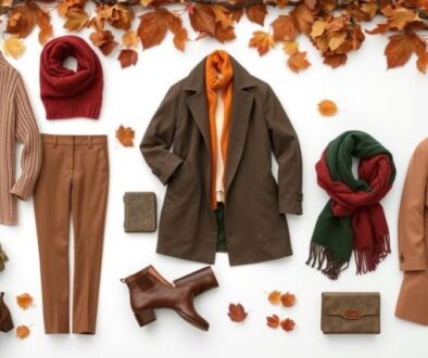 A stylish fall wardrobe layout featuring cozy knit sweaters, tailored trousers, classic trench coats, ankle boots, oversized scarves, and a neutral color palette of browns, oranges, and deep greens, set against a backdrop of autumn leaves and rustic textures.