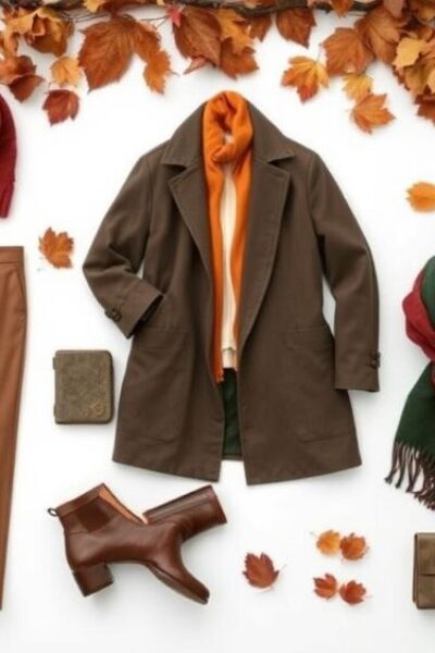 A stylish fall wardrobe layout featuring cozy knit sweaters, tailored trousers, classic trench coats, ankle boots, oversized scarves, and a neutral color palette of browns, oranges, and deep greens, set against a backdrop of autumn leaves and rustic textures.