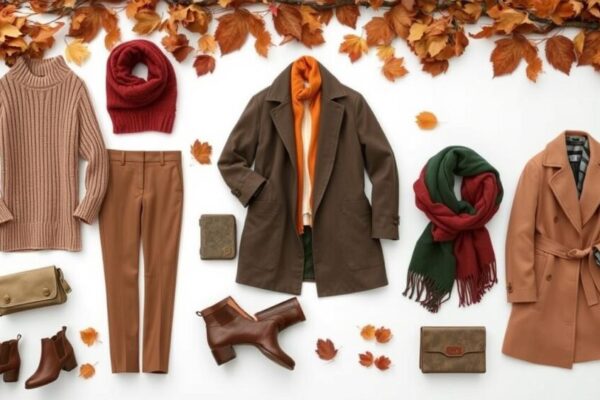 A stylish fall wardrobe layout featuring cozy knit sweaters, tailored trousers, classic trench coats, ankle boots, oversized scarves, and a neutral color palette of browns, oranges, and deep greens, set against a backdrop of autumn leaves and rustic textures.