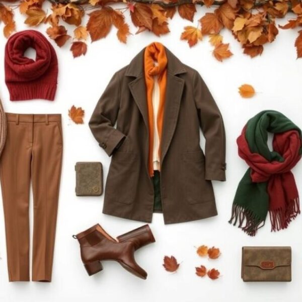 A stylish fall wardrobe layout featuring cozy knit sweaters, tailored trousers, classic trench coats, ankle boots, oversized scarves, and a neutral color palette of browns, oranges, and deep greens, set against a backdrop of autumn leaves and rustic textures.