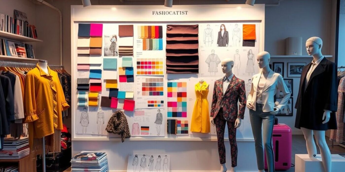 A vibrant fashion forecasting scene featuring a mood board filled with swatches of fabric, color palettes, and sketches of innovative clothing designs; surrounded by stylish mannequins showcasing next season's key trends, with a backdrop of a modern studio filled with fashion magazines and design tools, soft lighting enhancing the creative atmosphere.