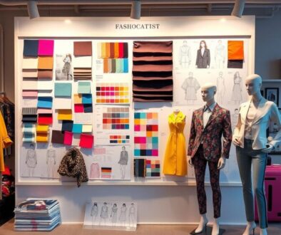 A vibrant fashion forecasting scene featuring a mood board filled with swatches of fabric, color palettes, and sketches of innovative clothing designs; surrounded by stylish mannequins showcasing next season's key trends, with a backdrop of a modern studio filled with fashion magazines and design tools, soft lighting enhancing the creative atmosphere.